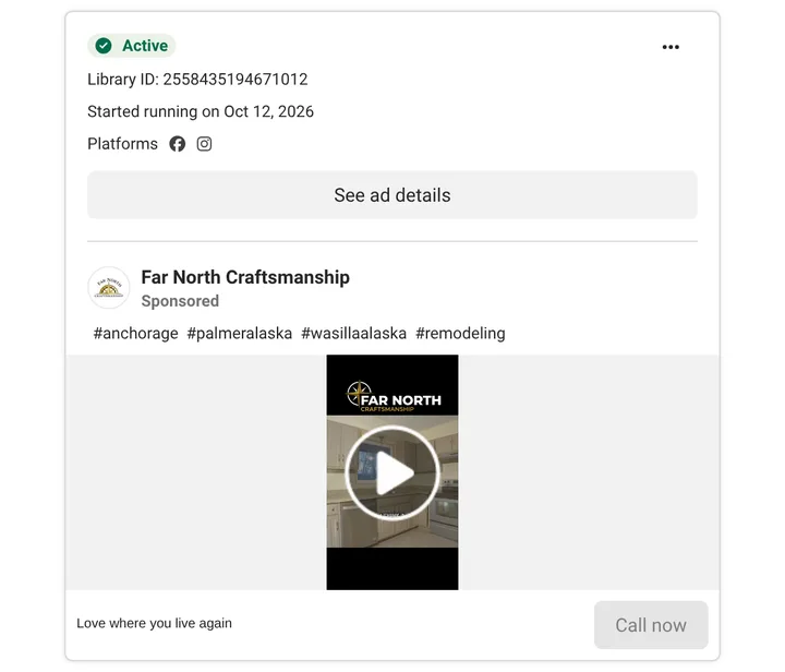 Meta Ad Library: Far North Craftsmanship kitchen remodel video ad, running since October 12, 2026