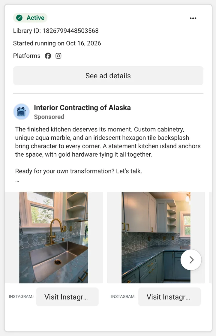 Meta Ad Library: Interior Contracting of Alaska kitchen ad, running since October 16, 2026