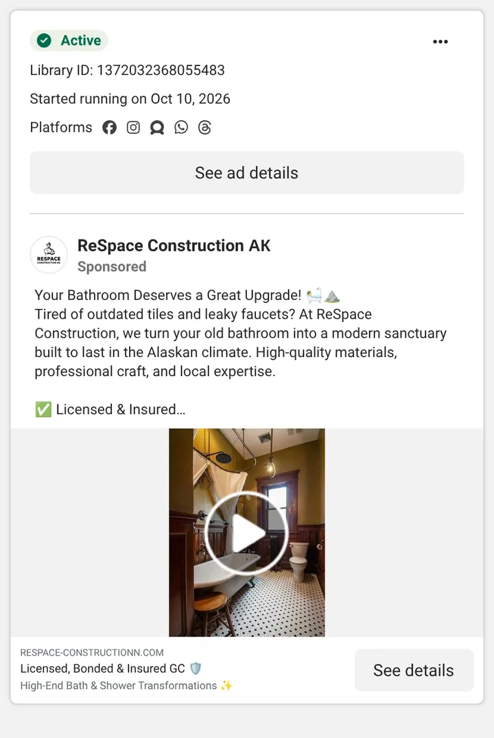 Meta Ad Library: ReSpace Construction bathroom remodel ad, running since October 10, 2026