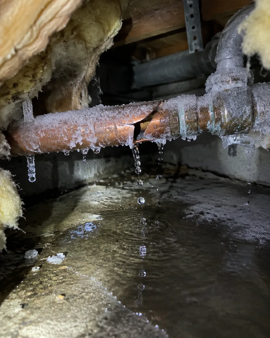 A frozen pipe under a sink in an Alaska winter