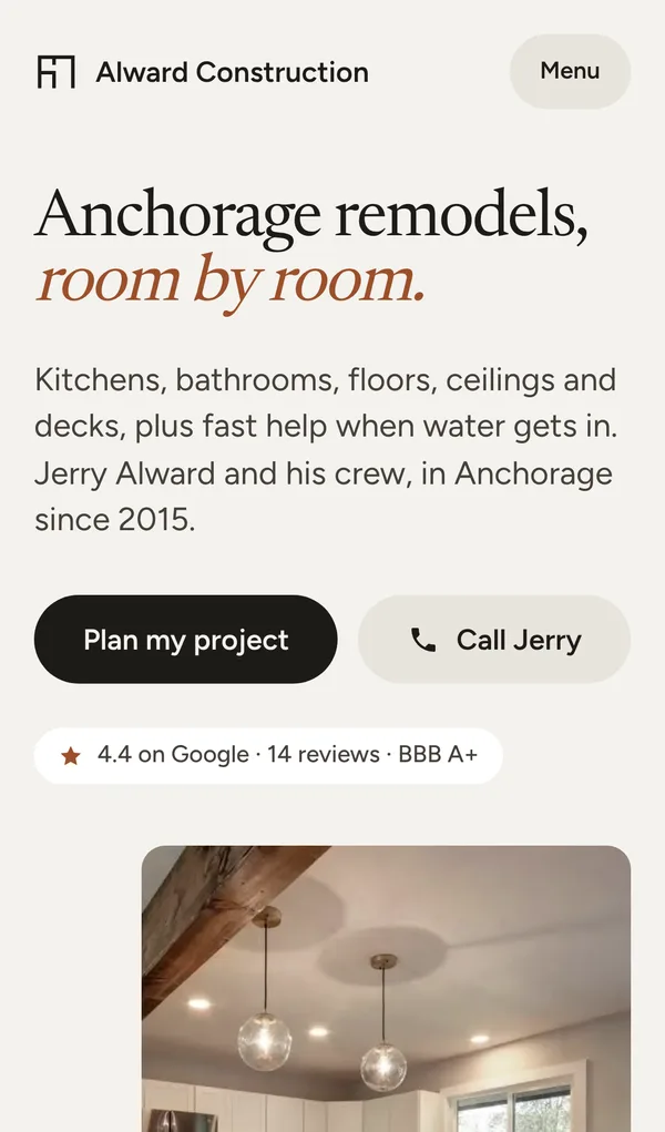 The new Alward Construction website on a phone